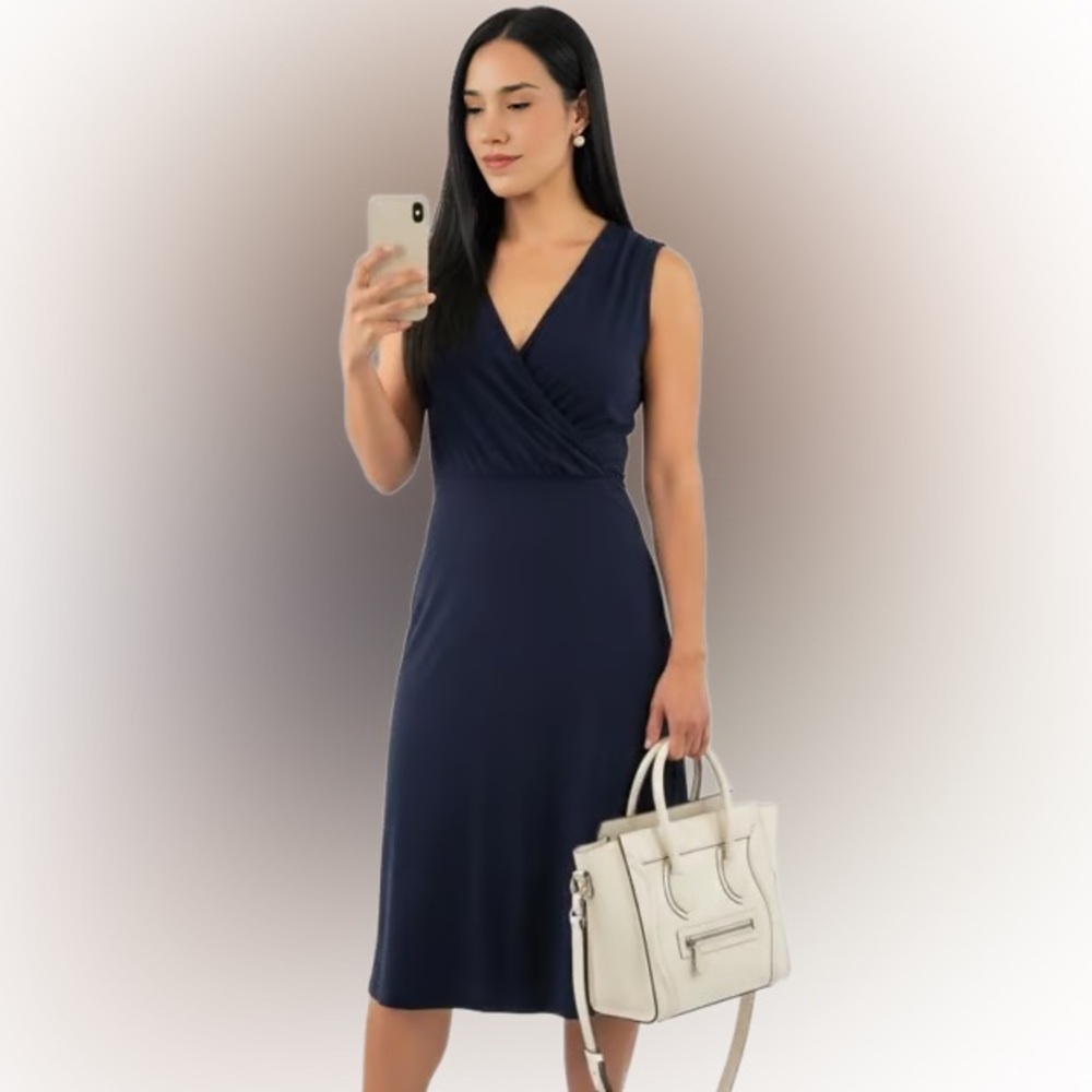 Philosophy Navy Blue Wrap Style Midi Dress Comfortable Stretch Fabric Size S